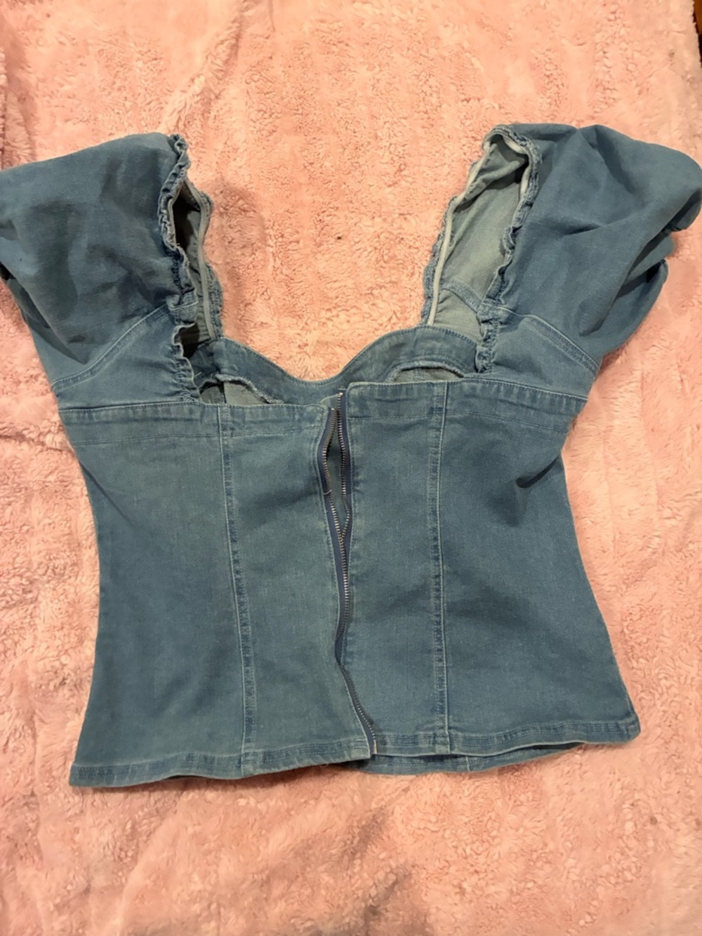 Denim Blue Puff Sleeve Corset Crop Top - Women